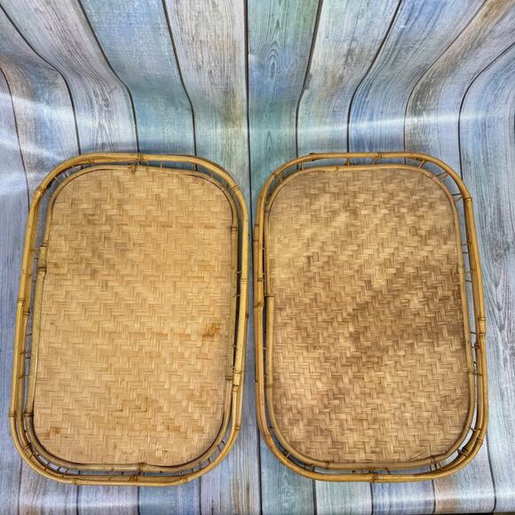 MCM Wicker Rattan Bamboo Serving Tray Set of 4 Tiki Tropical Beach Lap Vintage - Picture 4 of 8